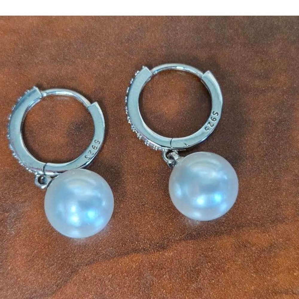 S925 Sterling Silver Pearl Drop Huggie Hoop Earrings CZ Accents Bridal Jewelry